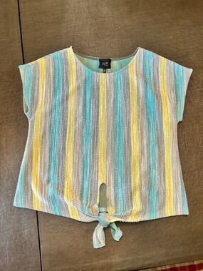 W5 (Anthropologie) Striped Tie-Front Top in Yellow, Aqua & Gray